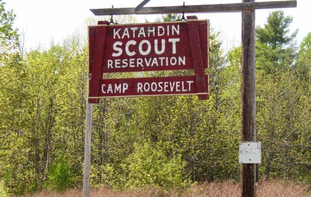 sign: "Katahdin Scout Reservation, Camp Roosevelt," on Route 46 in East Eddington (2004)