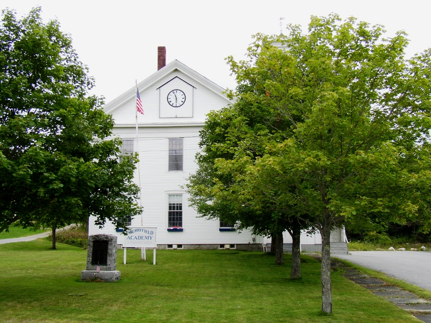 1850 Cherryfield Academy building, with a veterans memorial (200