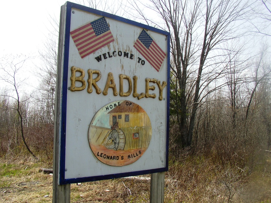 Sign: "Welcome to Bradley, home of Leonard
