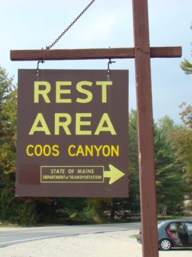 sign: "Rest Area, Coos Canyon, . . . ." on Route 17 in Byron