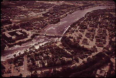 Androscoggin River flowing between Auburn (upper left) and Lewiston