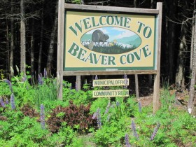 Sign: "Welcome to Beaver Cove" on Lily Bay Road (2011)