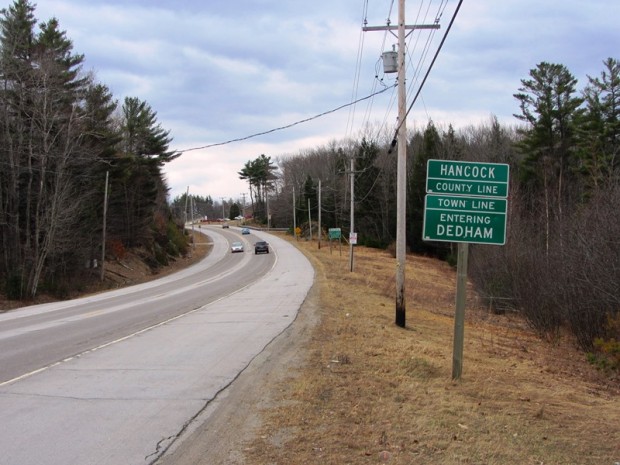 sign: Hancock County Line, Town Line, entering Dedham; on U.S. Route 1A (2013)