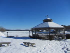 Gazebo in a Park with views of Mattanawcook Pond and the Rollins Mountain Wind Turbines (2014)