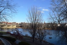 Androscoggin River and Lewiston Skyline from Main Street in Auburn