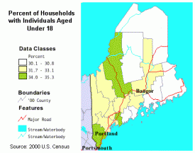 Map: Percent of Households with People under 18, 2000