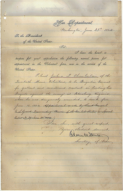 Letter to President Lincoln from Secretary of War Stanton recommending Chamberlain for promotion to Brigadier General (National Archives)