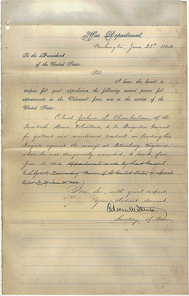 Letter to President Lincoln from Secretary of War Stanton regarding Joshua L. ChamberlainLetter to President Lincoln from Secretary of War Stanton to be appointedBrigadier General