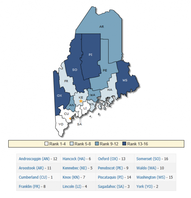 Map: County Health Rankings for Maine 2011