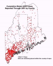 Map: Cumulative AIDS Cases Reported Through 2001 by County