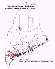 Map: Cumulative AIDS Cases Reported Through 1989 by County