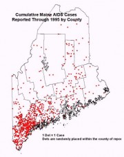 Map: Cumulative AIDS Cases Reported Through 1995 by County