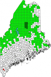 Map of Maine Showing the location of Alfred. Green areas are unorganized territories.