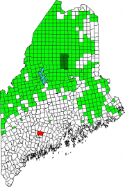 Map of Maine Showing the location of Augusta. Green areas are unorganized territories.