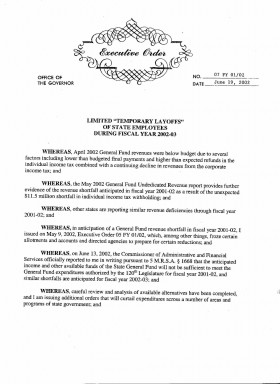 Governor's Executive Order on "Temporary Layoffs" (page 1)