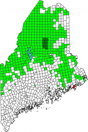 Map of Maine showing the location of Jonesport. Green areas are unorganized territories.