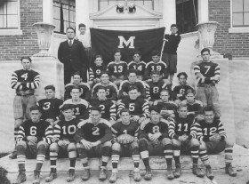 1932 Madison team, holding the game ball recording the 6-6 tie with rival Skowhegan