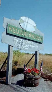 Sign: "Welcome to Monson, by the Shore of Lake Hebron"